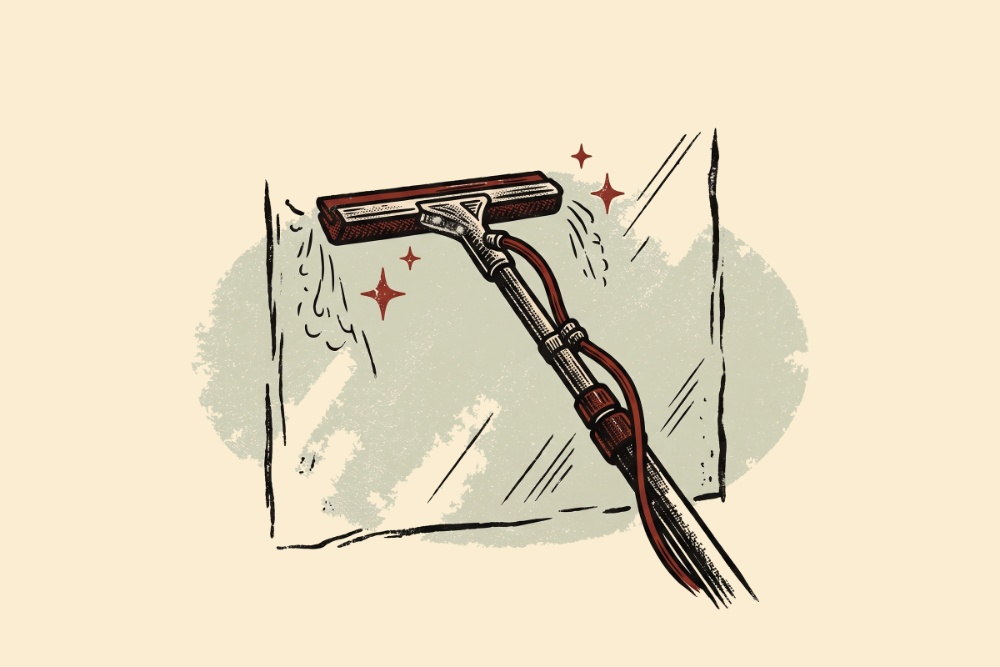 Hand cleaning an exterior window with a squeegee
