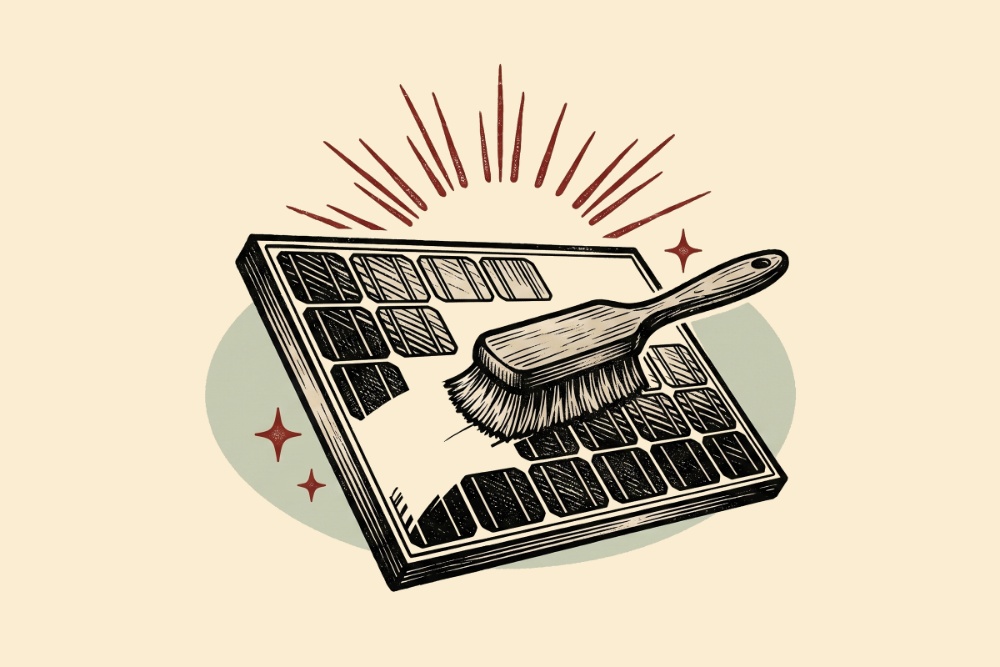 Gloved hand cleaning a rooftop solar panel